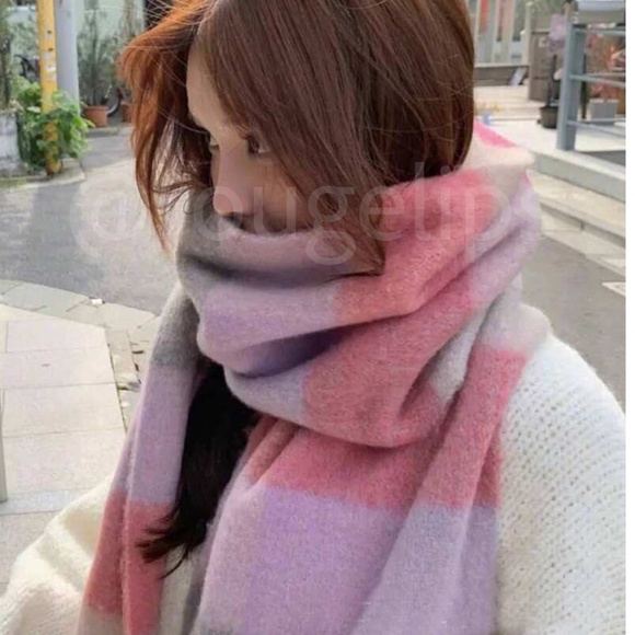 Colorblock Plaid Pastel Colors Wide Scarf Shawl Pink Beige Tan Cream Fringe - Picture 4 of 6